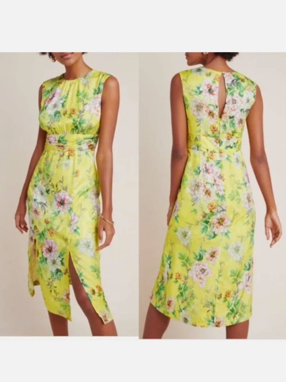 NWT Anthropologie Sparrow Silky Midi Dress in Yellow Motif - Size 12